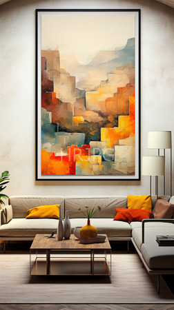 High Resolution: Modern living room features a beige sectional sofa with orange and yellow cushions a wooden coffee table and a large abstract painting in warm colors on a textured cream wall download. | HRJPG.com
