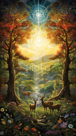 High Resolution: Three deer with varying antler sizes stand in an enchanted forest at sunset surrounded by vibrant autumn foliage and colorful flowers on rocky terrain download. | HRJPG.com