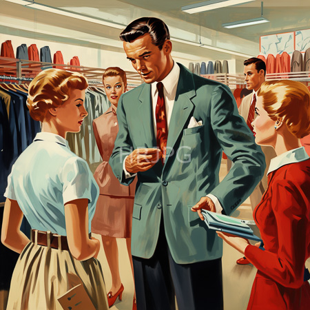 High Resolution: Illustrative mid-20th-century style depicts four people in a clothing store's fitting room area with brightly lit fluorescent lights and neatly arranged racks of colorful shirts download. | HRJPG.com