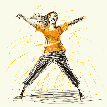 High Resolution: Dynamic sketch-style drawing of an exuberant figure with light brown hair dancing joyfully in mid-air wearing an orange t-shirt and black pants with yellow energy lines swirling download. | HRJPG.com