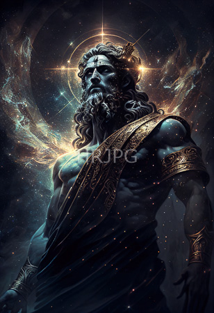 High Resolution: Imposing muscular figure with curly brown hair and beard wears ornate golden arm bands and draped in dark blue fabric with glowing halos around him against a cosmic background download. | HRJPG.com