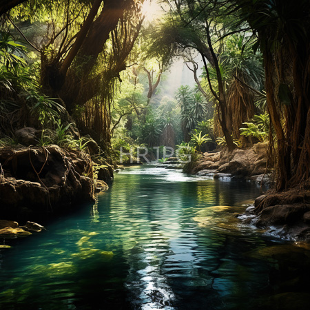 High Resolution: Enchanting sunlit jungle stream with clear turquoise water reflecting lush greenery and sunlight filtering through dense trees adorned in moss download. | HRJPG.com