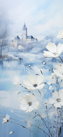 High Resolution: Ethereal realistic painting depicts a serene winter landscape with reflective water in the foreground and background featuring white flowers on thin stems download. | HRJPG.com