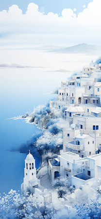 High Resolution: Whitewashed buildings with blue accents perched on cliffs overlooking a calm azure sea under a cloudy sky with a prominent white church bell tower in the foreground download. | HRJPG.com