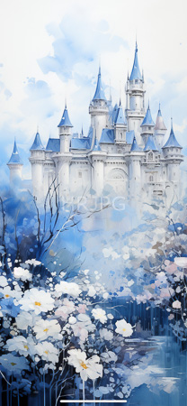High Resolution: Ethereal watercolor painting depicts a majestic blue-turreted castle shrouded in misty clouds surrounded by blooming white flowers with yellow centers download. | HRJPG.com