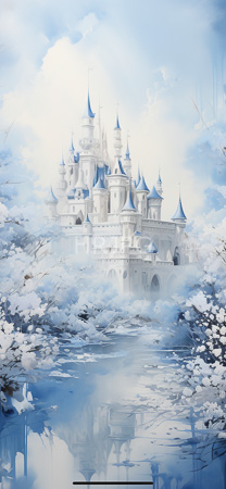 High Resolution: Ethereal white castle with blue-tipped spires nestled in snowy surroundings and reflected on still water below surrounded by snow-covered trees under a soft light-blue sky download. | HRJPG.com