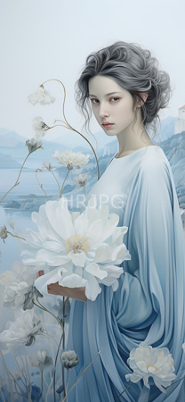 High Resolution: Ethereal figure with pale skin and wavy gray hair wears soft blue robes holding large white flowers beside her face against misty mountains under overcast skies download. | HRJPG.com