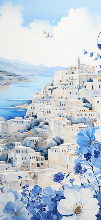 High Resolution: Idyllic sunlit Mediterranean village with white-washed buildings cascading down hillsides towards blue waters featuring large stylized flowers in various shades of blue download. | HRJPG.com