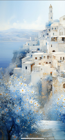 High Resolution: Ethereal digital painting of whitewashed Mediterranean buildings cascading down to a serene blue sea with flat roofs and arched doorways adorned by wooden shutters download. | HRJPG.com