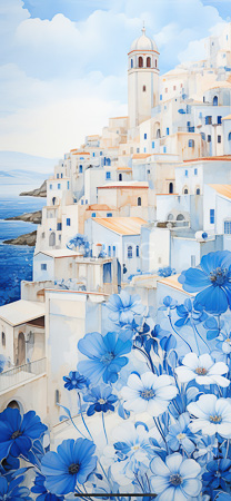High Resolution: Intricate digital painting depicts whitewashed sunlit Mediterranean buildings on a hillside with blue flowers in the foreground and ocean to the left under a cloudy sky download. | HRJPG.com