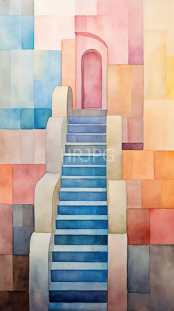 High Resolution: Watercolor painting of an abstract staircase ascending to a pink arched doorway framed by colorful geometric blocks in shades of blue red orange and beige download. | HRJPG.com