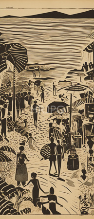 High Resolution: Intricate black-and-beige woodcut illustration depicts a bustling beach scene with numerous people engaging in various activities along sandy shores lined by palm trees download. | HRJPG.com
