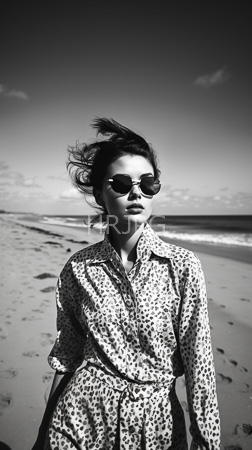 High Resolution: Black-and-white photograph of an Asian figure with light skin and dark hair wears round sunglasses and a leopard-print dress on a beach with wind-swept hairstyle download. | HRJPG.com
