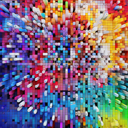 High Resolution: Abstract digital artwork features colorful vertical rectangular blocks in various sizes and shades of blue pink red yellow green white purple orange radiating from the center download. | HRJPG.com