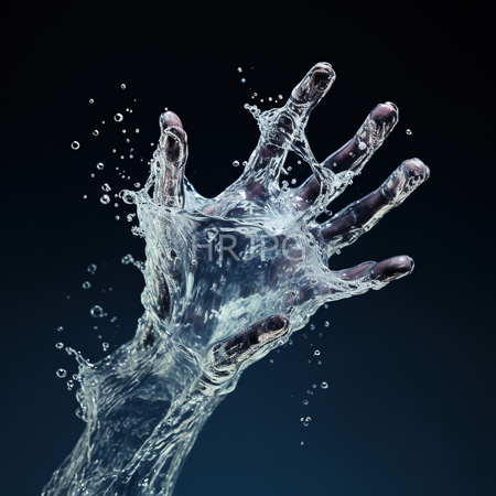 High Resolution: Outstretched hand partially submerged in water against a dark blue gradient background with a dynamic splash effect and droplets surrounding the fingers download. | HRJPG.com
