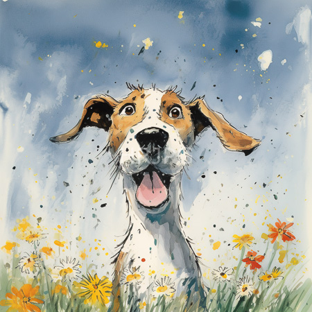 High Resolution: Excited brown and white canine with floppy ears looks up at a clear blue sky filled with yellow dandelion seeds with its pink tongue out among colorful wildflowers download. | HRJPG.com