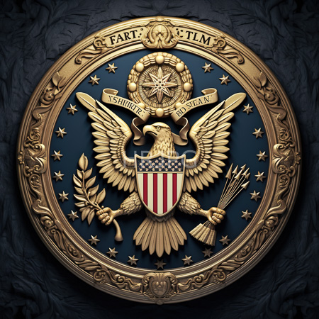 High Resolution: Detailed ornate gold emblem on a dark blue background features a stylized raptor holding arrows and an olive branch with a shield displaying red-and-white stripes and stars download. | HRJPG.com
