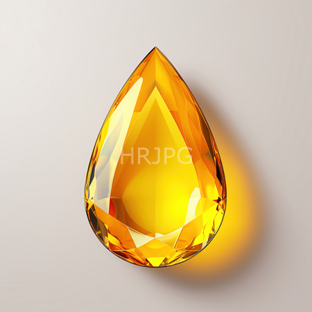 High Resolution: Exquisite teardrop-shaped yellow gemstone with faceted surfaces reflecting light and casting subtle shadows on its smooth gray background with vibrant golden hues download. | HRJPG.com