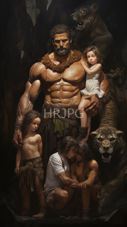 High Resolution: Muscular bearded figure with brown fur collar and leather loincloth stands in a dark cave holding a baby girl dressed in white cloth surrounded by menacing canines download. | HRJPG.com