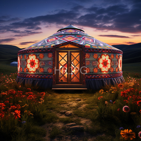 High Resolution: Ornately decorated circular tent at sunset in a grassy field with vibrant red and orange flowers its colorful patterned exterior features floral designs download. | HRJPG.com