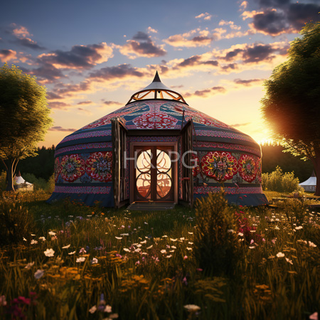 High Resolution: Ornately decorated round tent at sunset with intricate floral patterns in reds and blues on its exterior walls a large wooden door featuring a symmetrical design download. | HRJPG.com