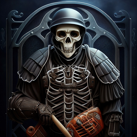 High Resolution: Armored skeletal warrior with hollow eyes wears black metal armor and helmet holding a rusty chainsaw in a gloved hand against a dark background download. | HRJPG.com