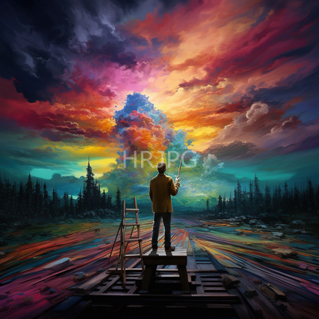 High Resolution: Artist standing on wooden planks holds paintbrushes and faces vibrant clouds in fiery reds oranges purples blues at sunset surrounded by forest silhouettes download. | HRJPG.com