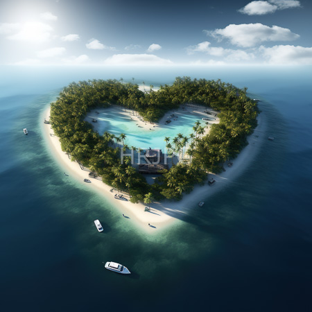 High Resolution: Aerial photograph of an island shaped like a heart surrounded by clear blue ocean and lush green palm trees covering most of the land area with three white boats floating nearby download. | HRJPG.com