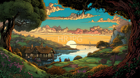 High Resolution: Enchanting colorful sunset landscape features lush green hills and vibrant flowers with a quaint wooden house sitting by a calm river reflecting golden sunlight download. | HRJPG.com