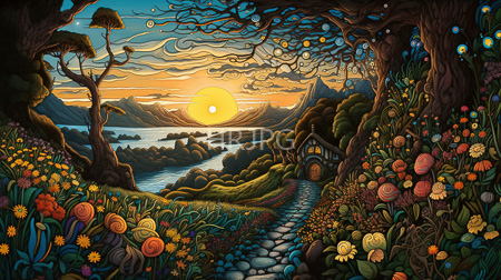 High Resolution: Intricately detailed colorful drawing in a whimsical style depicts a magical landscape at sunset with a winding cobblestone path leading to a small wooden cottage download. | HRJPG.com