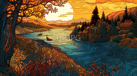 High Resolution: Intricate swirling style drawing depicts a vibrant sunset over a winding river with two small boats and rustic houses surrounded by pine trees and autumn foliage download. | HRJPG.com