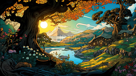 High Resolution: Intricately detailed illustration depicts a vibrant fantasy-style landscape at sunset with a large twisted tree its roots forming intricate patterns on dark soil adorned by flowers download. | HRJPG.com