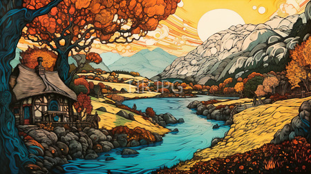 High Resolution: Intricately detailed colorful illustration depicts a whimsical autumn landscape with rolling hills and a winding river flowing towards a charming cottage with a thatched roof download. | HRJPG.com