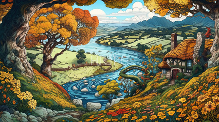 High Resolution: Intricately detailed colorful illustration depicts a whimsical autumn landscape with rolling hills and a winding river flowing through it a charming cottage sits on one hillside download. | HRJPG.com