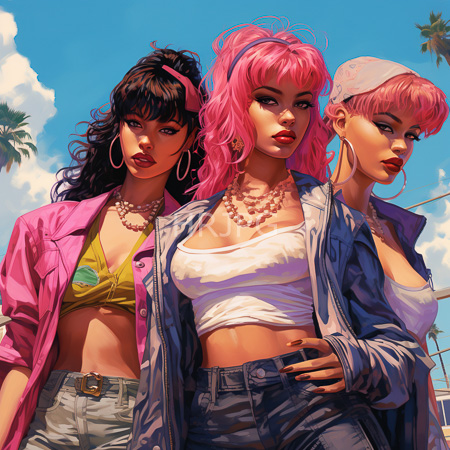 High Resolution: Three figures with distinct styles stand outdoors under clear blue skies and palm trees wearing colorful outfits one in a pink jacket over a yellow bikini top another in a white crop-top download. | HRJPG.com