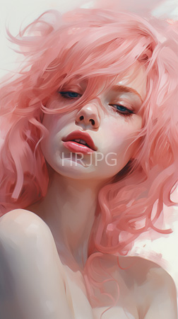 High Resolution: Androgynous young person with pale skin pink wavy hair covering one eye and blue eyes half-opened in seduction with slightly parted lips revealing soft teeth download. | HRJPG.com