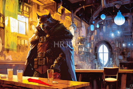 High Resolution: Anthropomorphic canine in medieval fantasy attire standing at a wooden bar with two glasses and red cloth on the counter in a rustic tavern interior download. | HRJPG.com