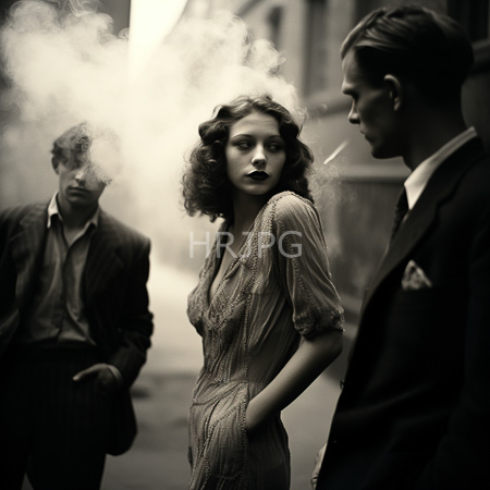 High Resolution: Black-and-white photograph of three people in an urban alleyway circa mid-20th century style a central woman in a detailed vintage dress smoking a cigarette while two men observe her download. | HRJPG.com