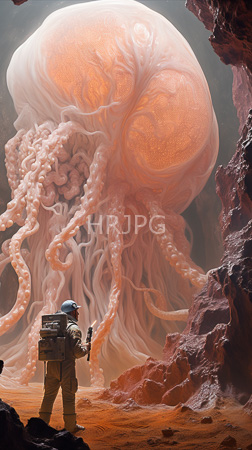 High Resolution: Astronaut in a beige space suit and helmet stands on reddish-orange rocky terrain facing an enormous pink jellyfish-like creature with intricate tentacles against a dark sky download. | HRJPG.com