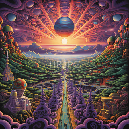 High Resolution: Surreal vibrant landscape features swirling purple and pink clouds under a large blue-and-orange celestial body at sunset with a central river flowing through lush green hills dotted with futuristic cities download. | HRJPG.com