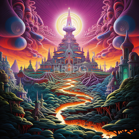 High Resolution: Elaborate surreal fantasy city with towering spires and intricate architecture at its center under a radiant sun surrounded by swirling clouds in vibrant purples and pinks download. | HRJPG.com