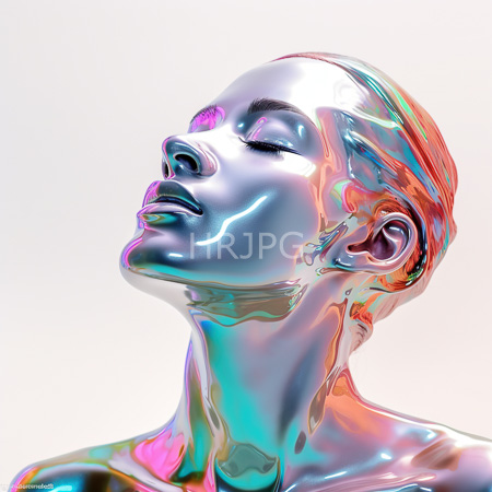 High Resolution: Androgynous bald human head with smooth metallic skin reflects vibrant pink blue green orange hues against a white background with eyes closed in a serene expression download. | HRJPG.com