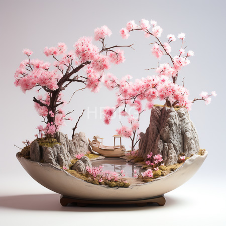 High Resolution: Intricately detailed miniature ceramic landscape features pink cherry blossom trees arching over rocky cliffs and serene waterways within a shallow bowl-like base download. | HRJPG.com