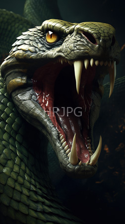 High Resolution: Highly detailed close-up of an enormous green serpent head with yellow eyes and large white fangs bared in mid-roar against a dark background download. | HRJPG.com