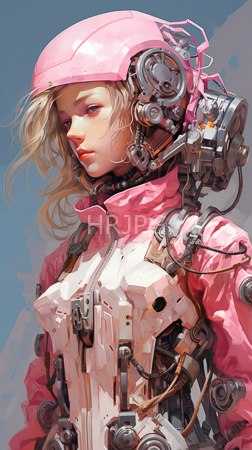 High Resolution: Anime-style female cyborg with light blonde hair wears pink and white futuristic armor that blends organic skin textures with mechanical components on her neck and chest download. | HRJPG.com