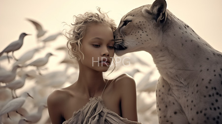 High Resolution: Ethereal light-skinned young figure with curly blonde hair and closed eyes stands beside a realistic large feline nuzzling her cheek wearing tattered fabric download. | HRJPG.com