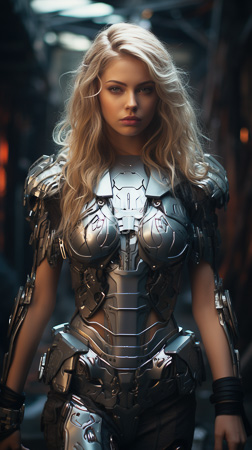 High Resolution: Attractive blonde figure with wavy hair wears intricate silver metallic armor that accentuates her large breasts and slim figure standing in dim lighting against a blurred industrial background download. | HRJPG.com