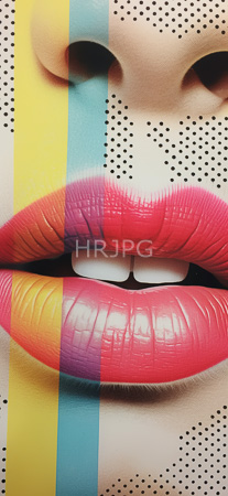 High Resolution: Close-up lips with vibrant multi-colored lipstick pink and purple against white skin dotted by black polka dots with vertical yellow-blue stripes on either side download. | HRJPG.com