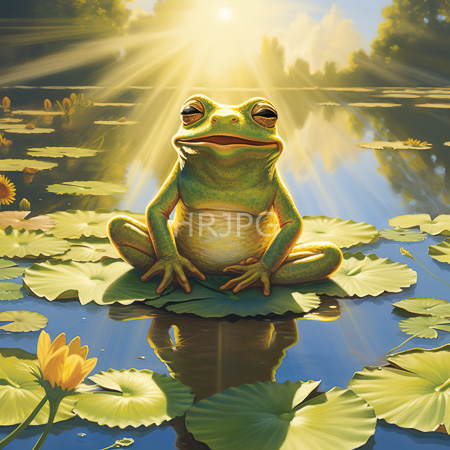High Resolution: Anthropomorphic green amphibian with a yellow underbelly sits cross-legged on lily pads in calm water at sunrise or sunset illuminated by sunlight beams download. | HRJPG.com