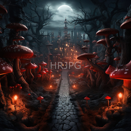High Resolution: Eerie moonlit forest path lined with giant red and white-spotted fungi under twisted trees leads to a glowing fairy-lit castle in the background download. | HRJPG.com